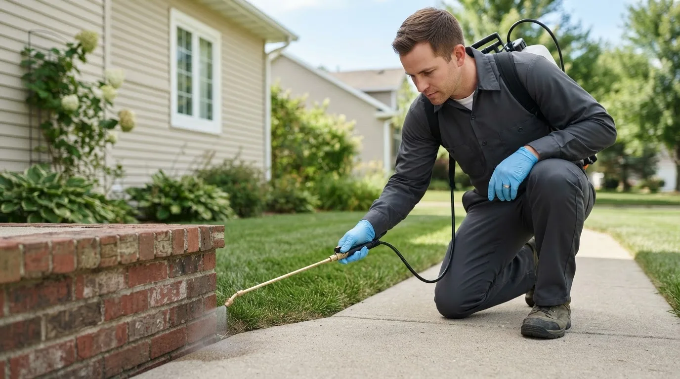 Pest control technician treating a home near Scheller, IL